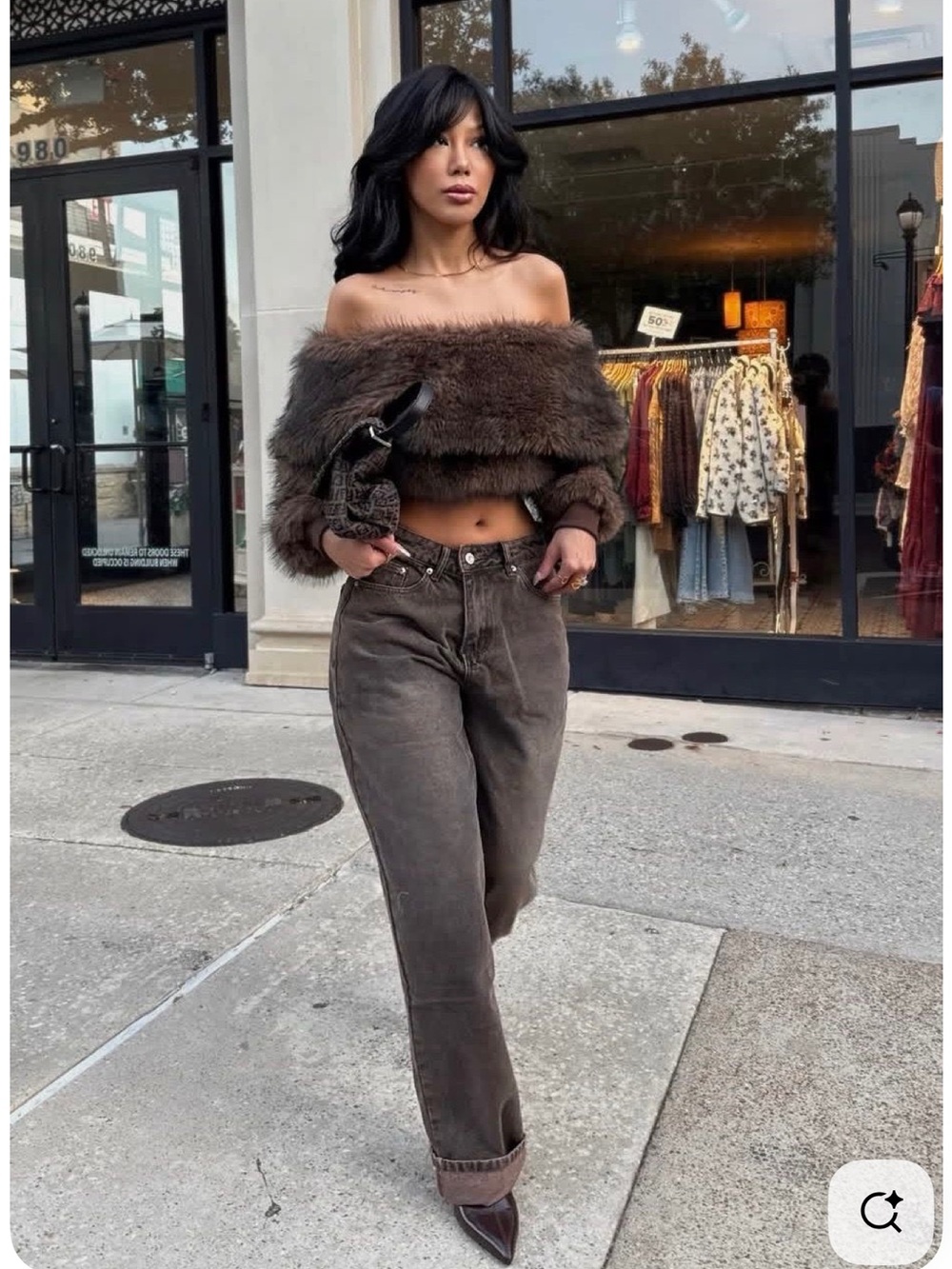 Cropped Off-Shoulder Faux Fur Top in Chocolate Brown